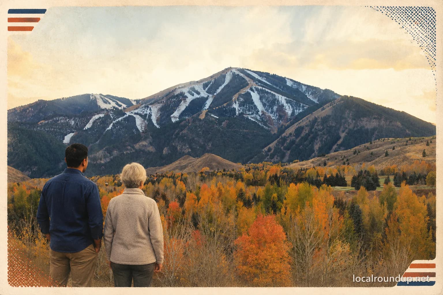 Two hikers looking toward Bald Mountain above autumn trees in Sun Valley