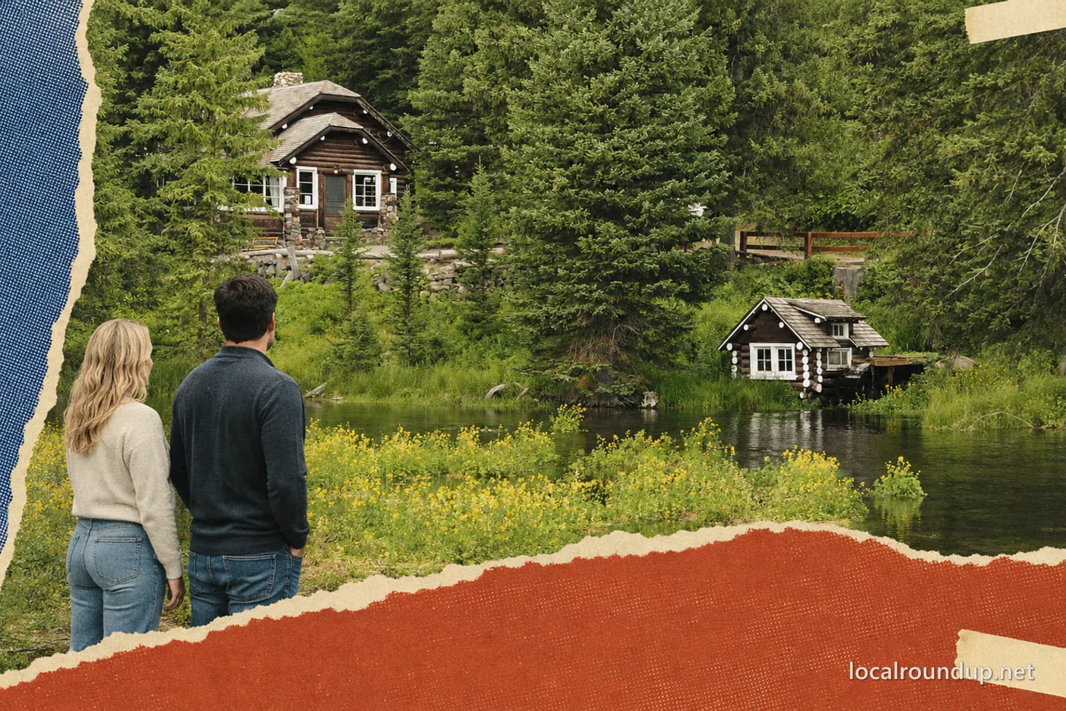 Two visitors viewing Johnny Sack Cabin and its water wheel at Big Springs