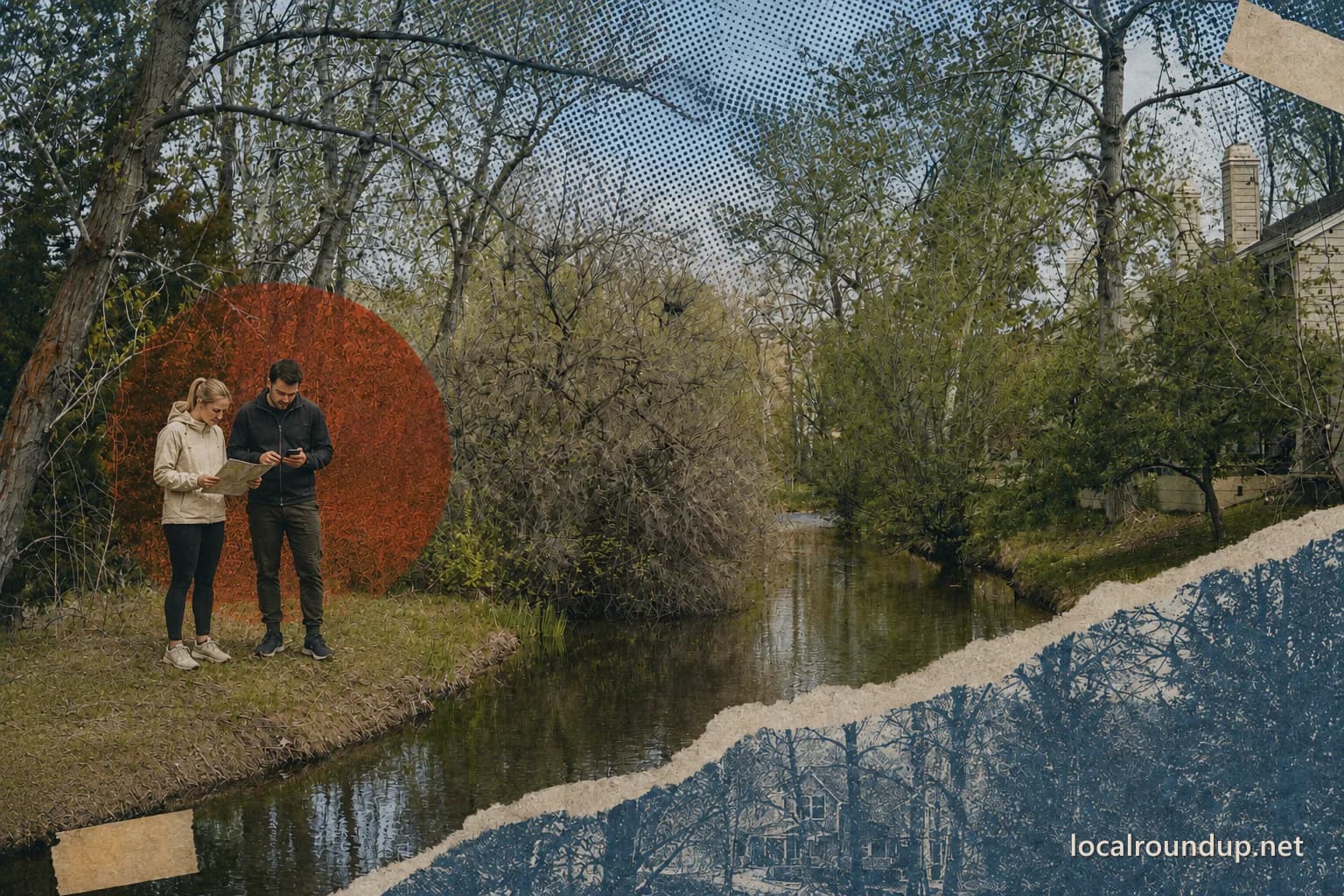 Two walkers checking a route map beside the Boise River Greenbelt
