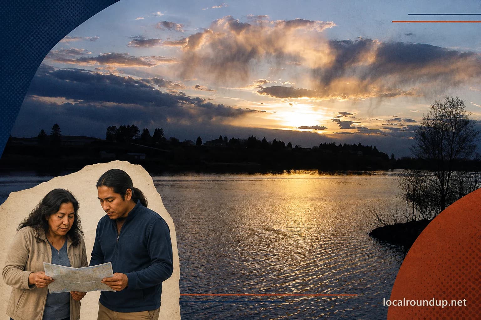 Snake River sunset looking toward Burley with two adults comparing a route map in a planning inset