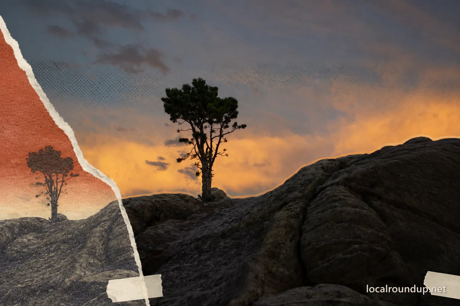 A torn-paper collage of granite formations and a lone tree at City of Rocks