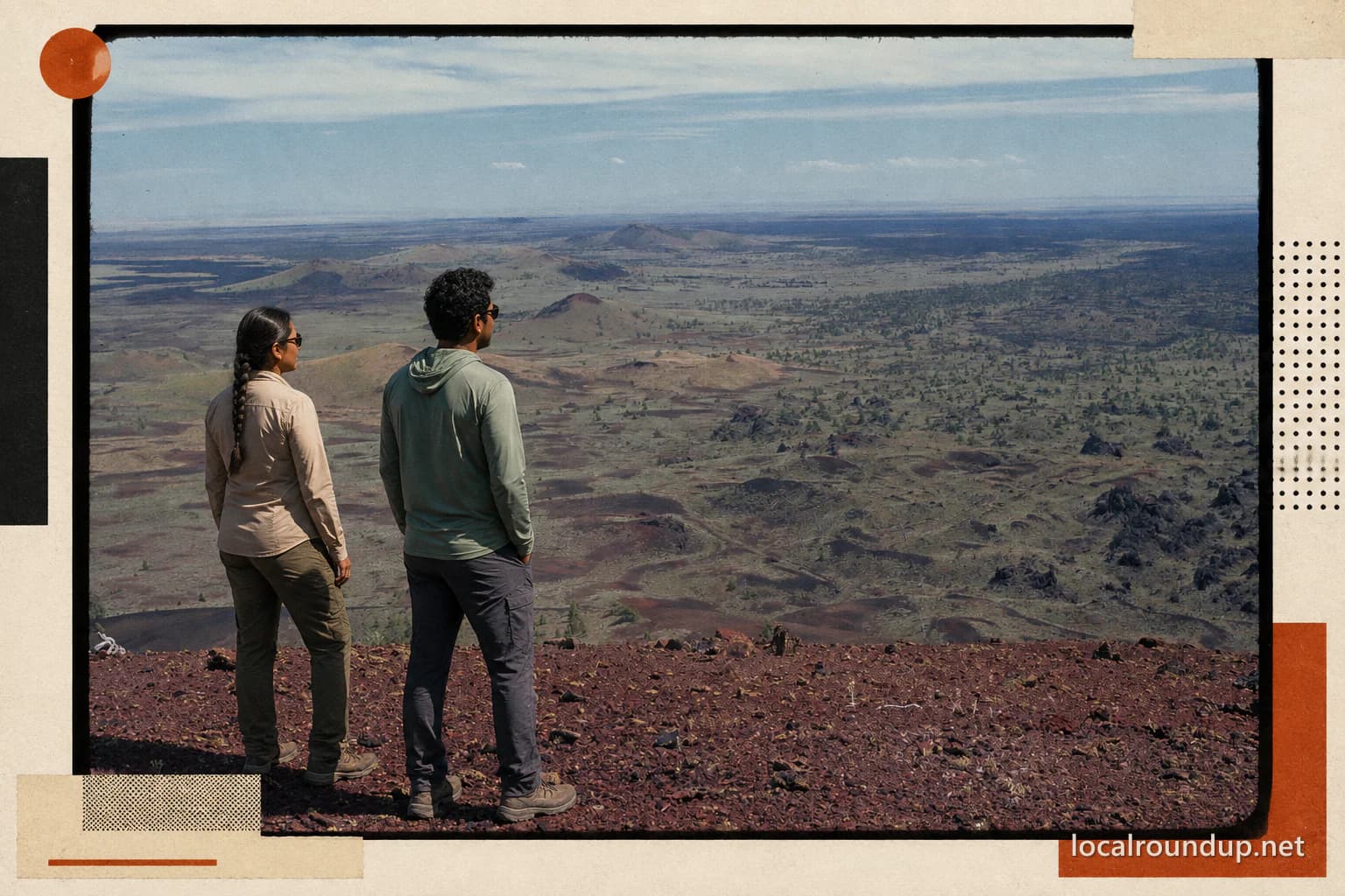 Two visitors looking across the volcanic landscape at Craters of the Moon