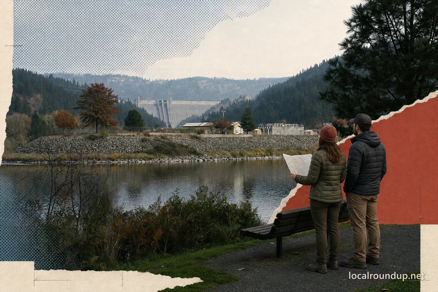 Two visitors consult a map from a reservoir overlook facing Dworshak Dam