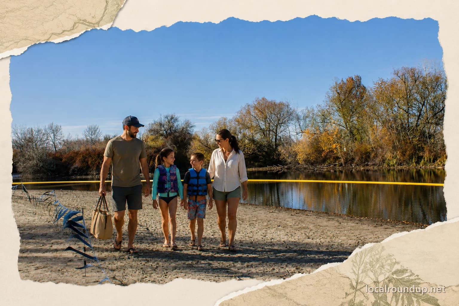 A family preparing for a beach outing at Eagle Island State Park