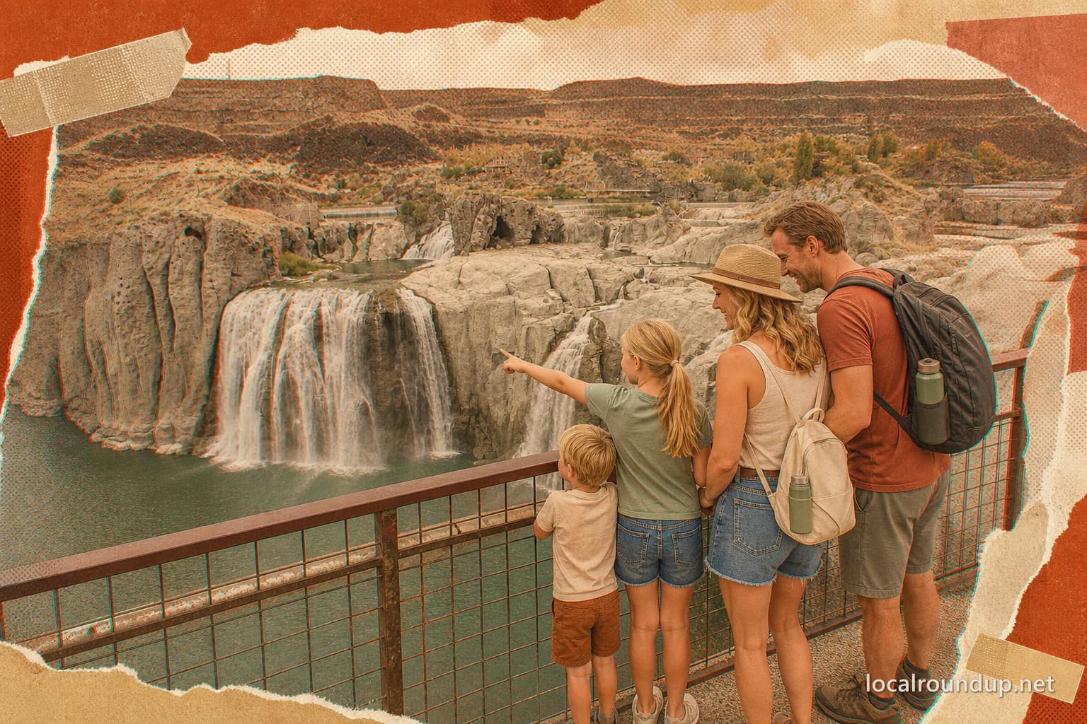 A family of four viewing Shoshone Falls from behind a safety railing