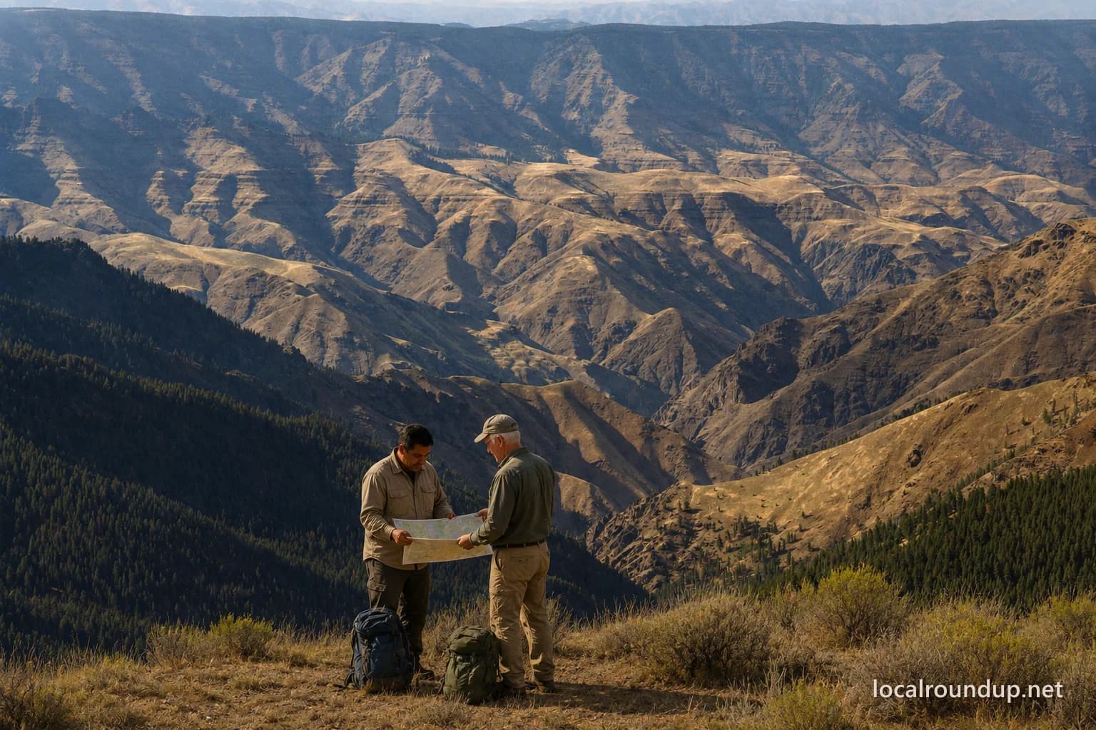 Two visitors checking a map above Hells Canyon at Heaven's Gate Overlook