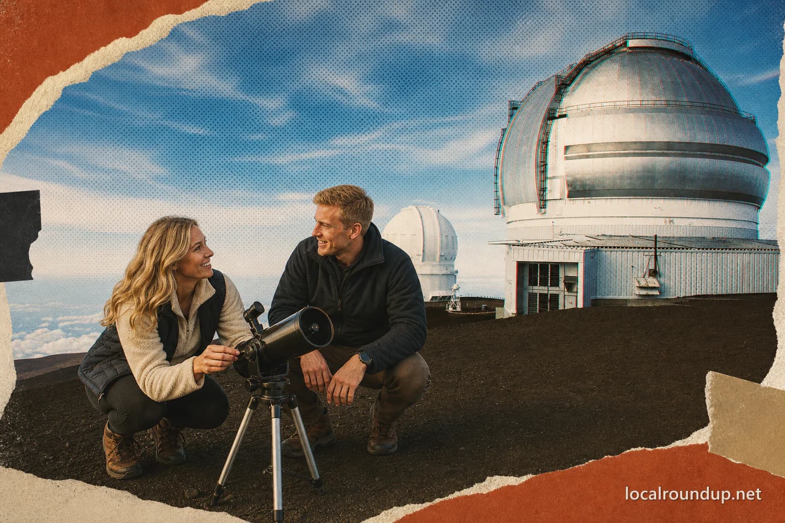 Two visitors using a telescope beside observatory domes in an interpretive collage