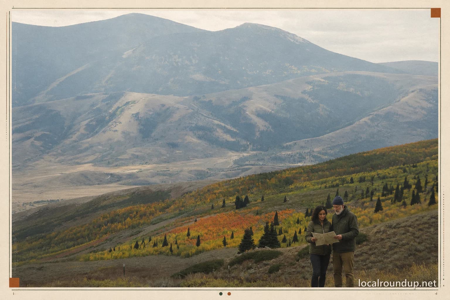 Two visitors reading a map at an autumn overlook near Lake Cleveland and Mount Harrison