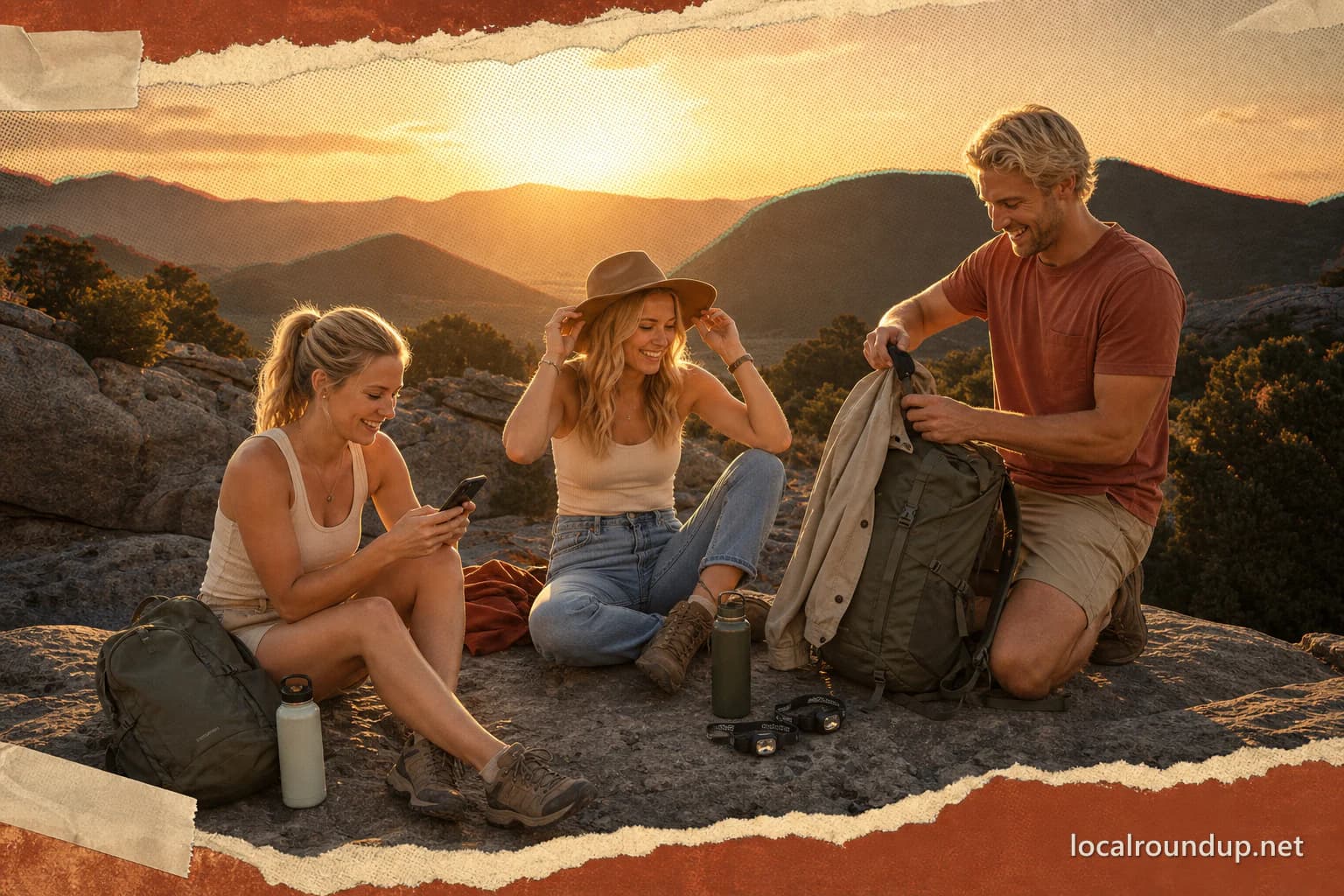 Three hikers unpacking on warm granite at sunset