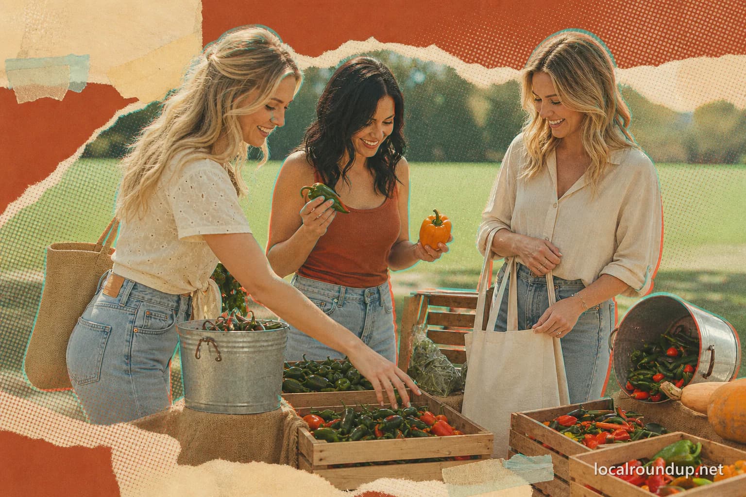 Three shoppers comparing fresh peppers at an outdoor farmers market