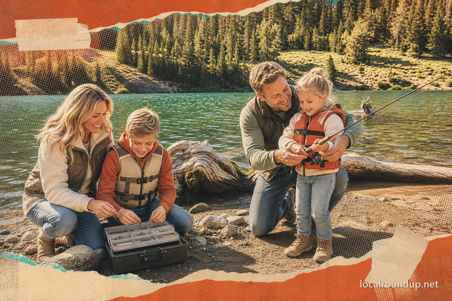 A family of four preparing fishing gear at the shore with both children in life jackets