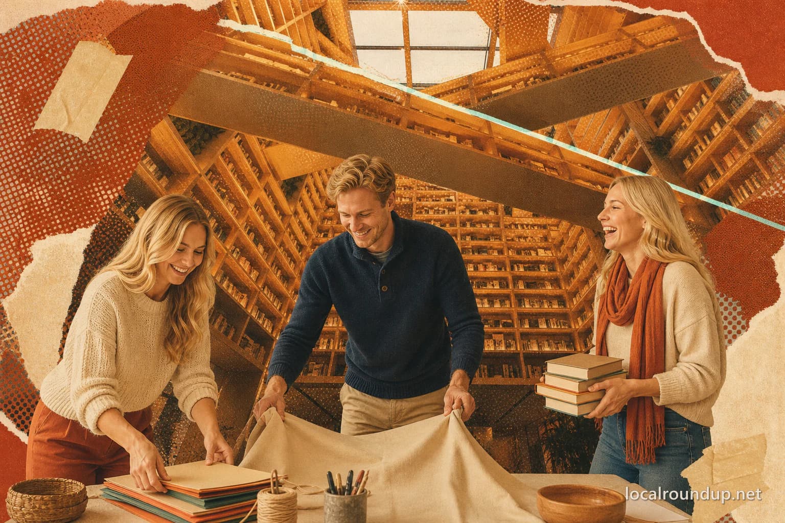 Three adults preparing books and craft materials in a contemporary library interior