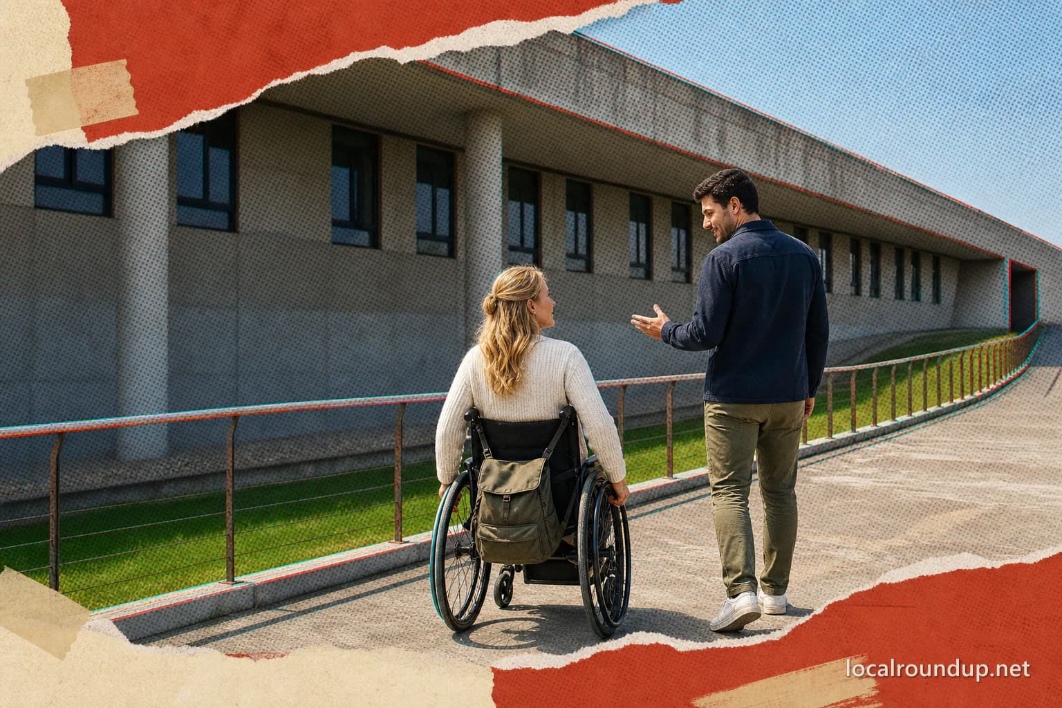 A wheelchair user and companion following a ramped path beside a modern venue