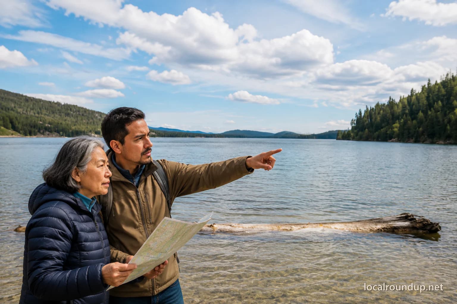 An older woman and her adult son consulting a map beside Payette Lake