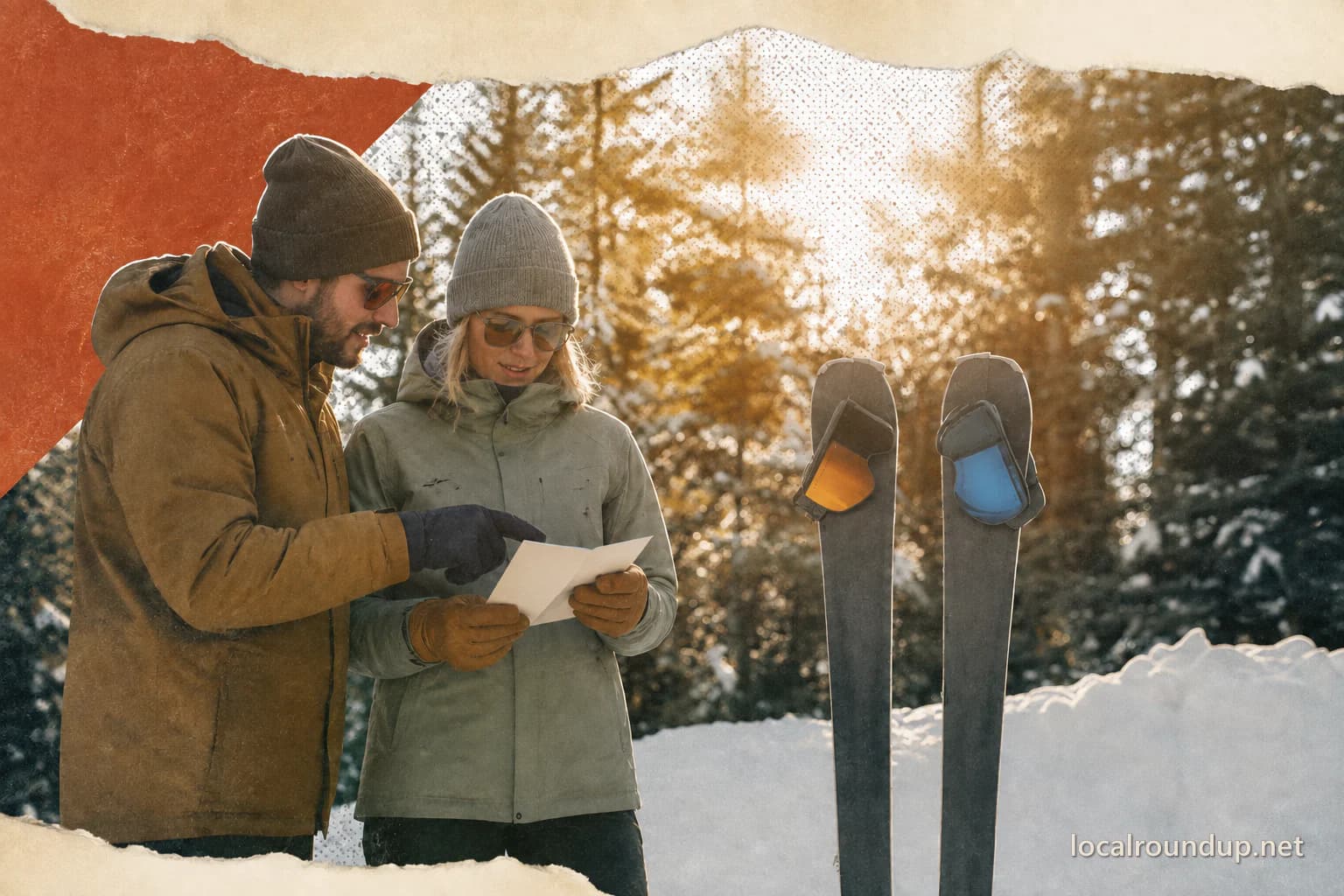 Two winter visitors checking a blank route card beside unbranded skis in McCall