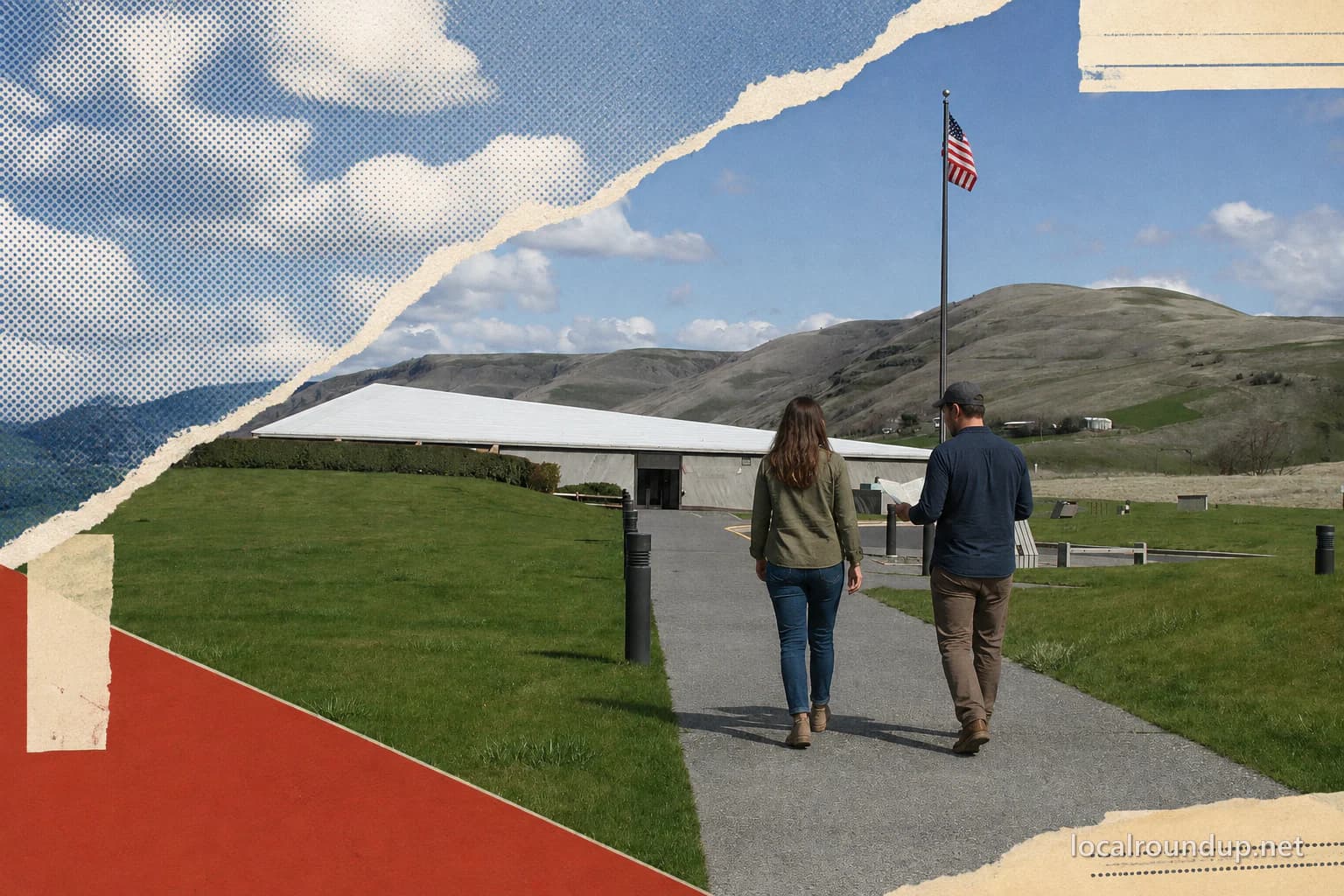 Two visitors follow a map toward the Spalding visitor center