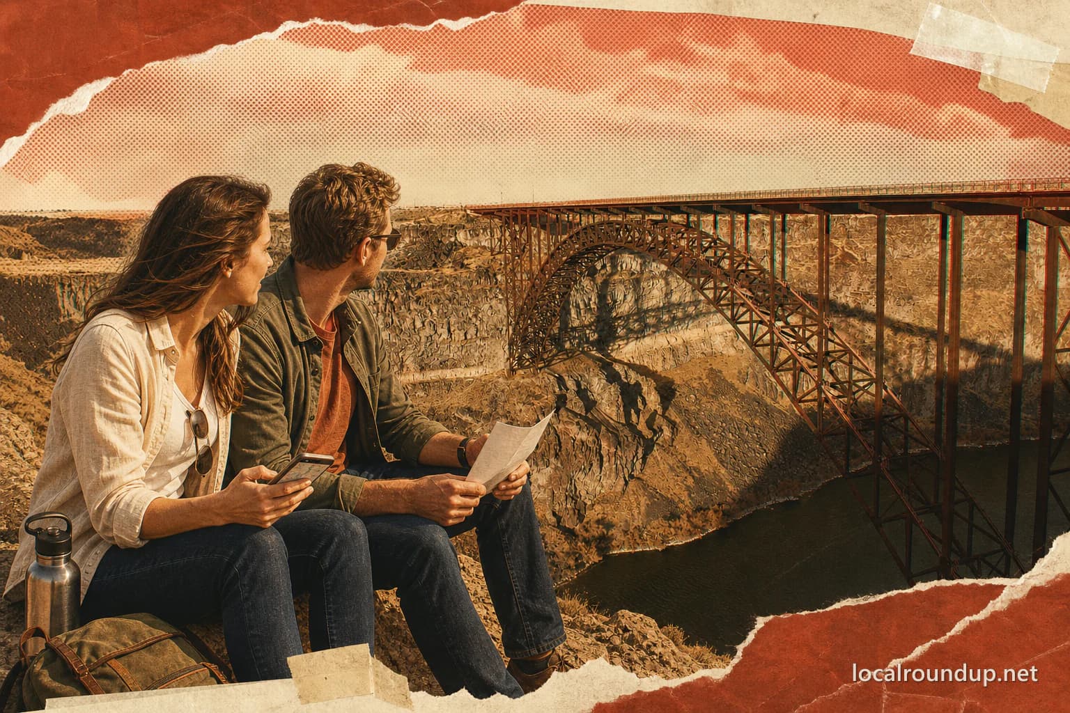 Two visitors planning an outing above the Snake River Canyon and Perrine Bridge