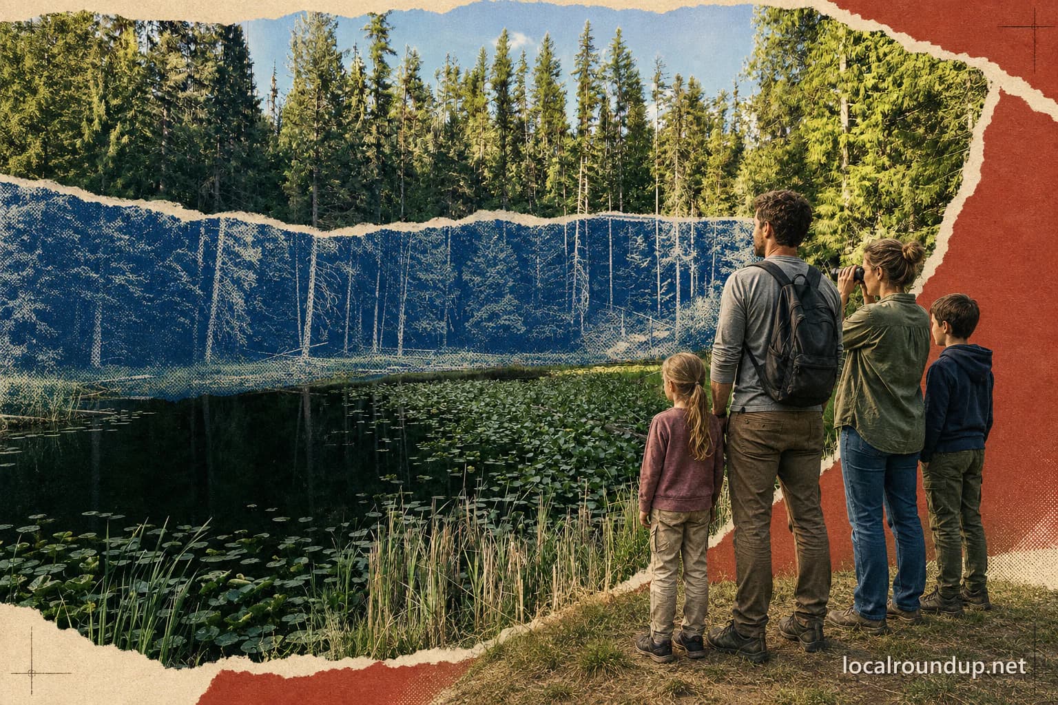 A family observes the lily-covered water and forest at Round Lake State Park