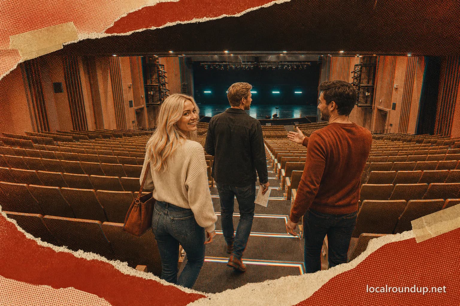 Three visitors walking through an empty auditorium before a performance