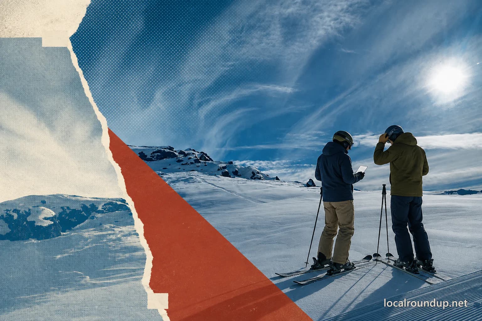 Two adult beginner skiers checking their lesson plan on snowy Sun Valley terrain