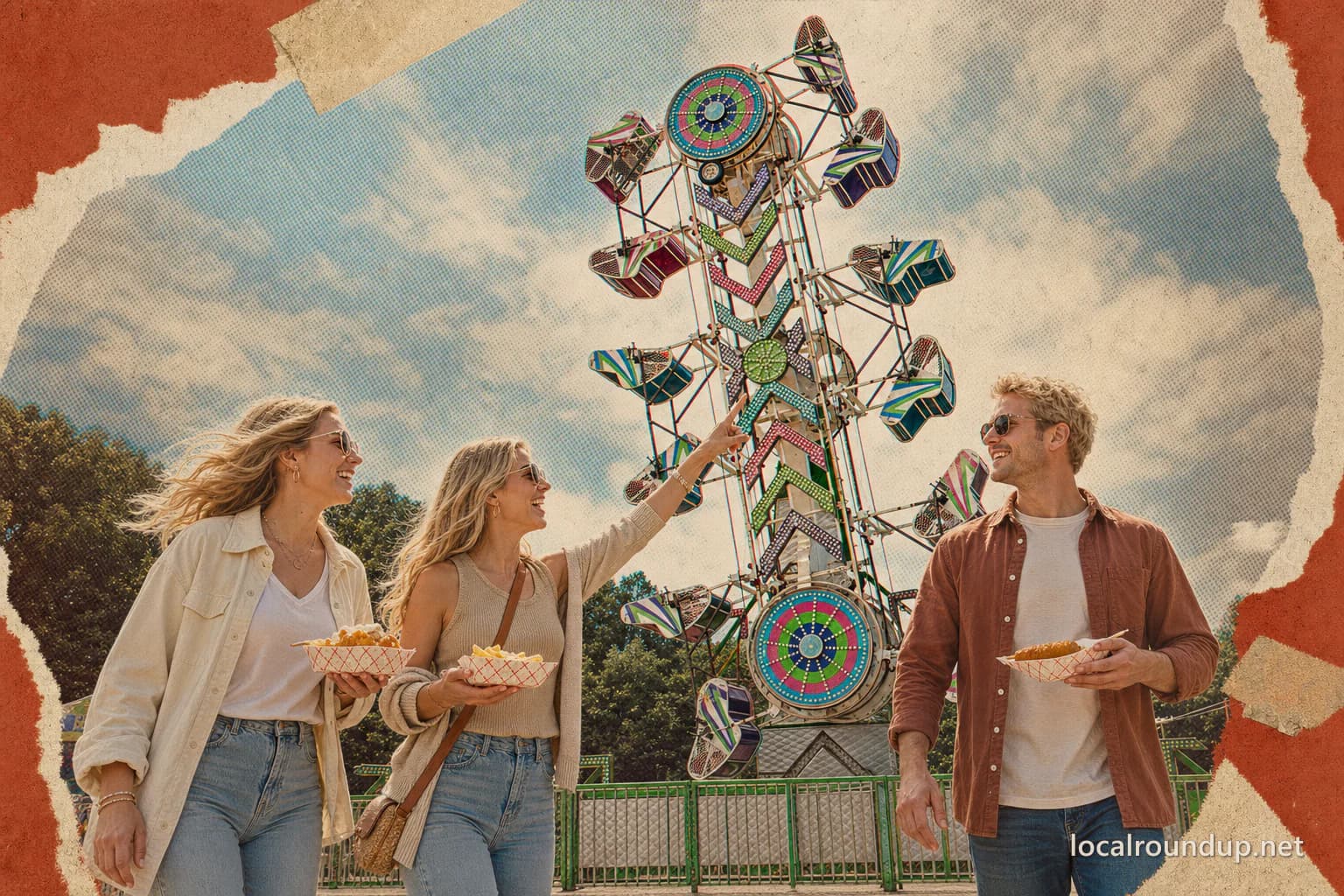 Three fairgoers carrying snacks in front of a colorful midway ride