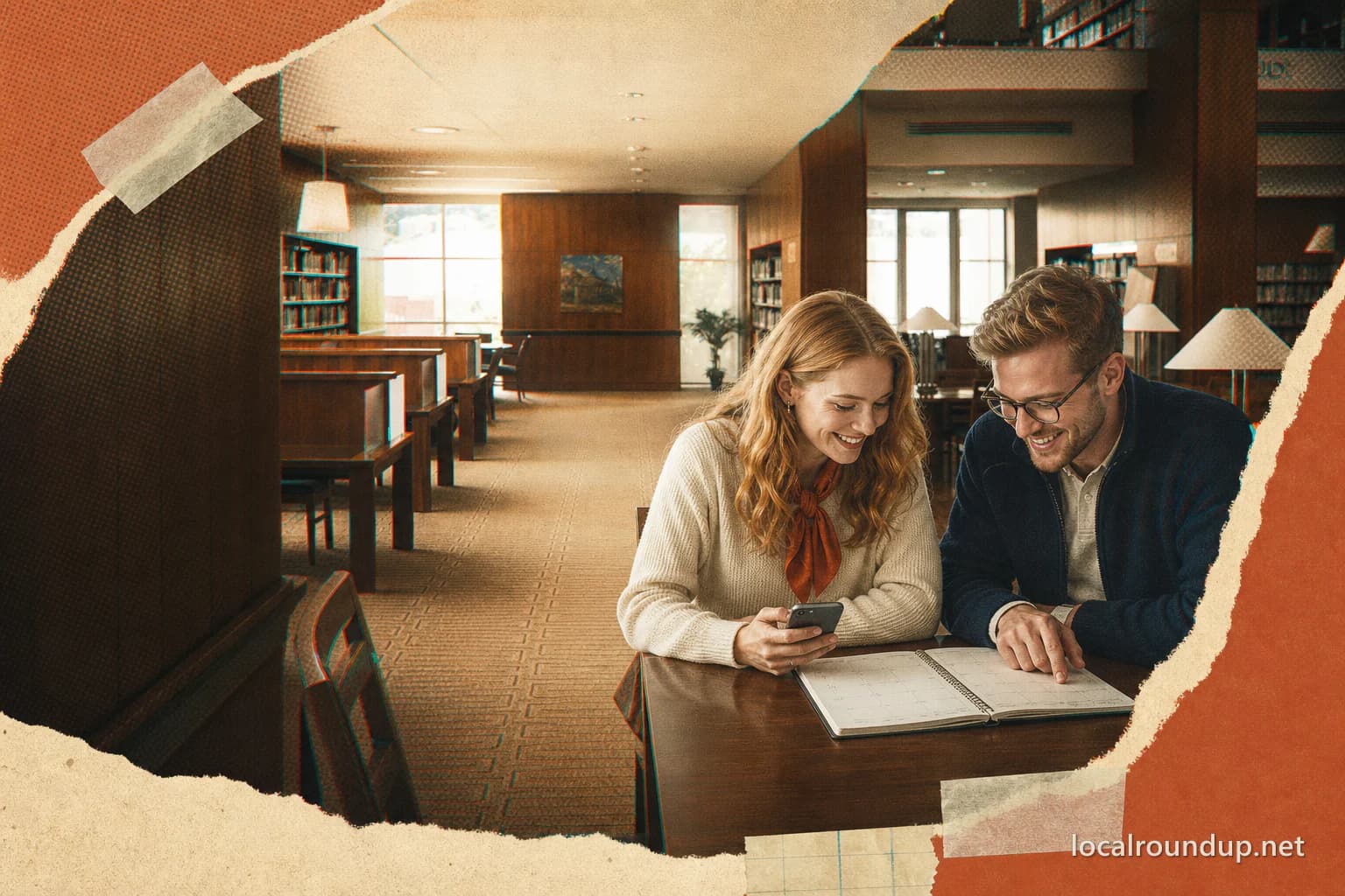 Two visitors checking a phone and paper planner in a quiet library