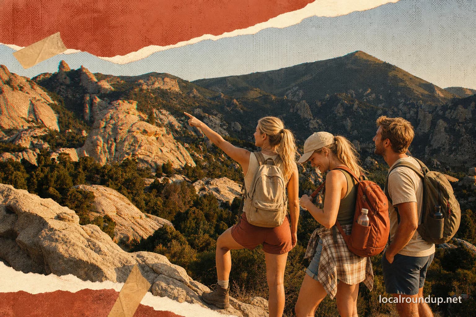 Three hikers pointing across a sunlit Idaho granite landscape