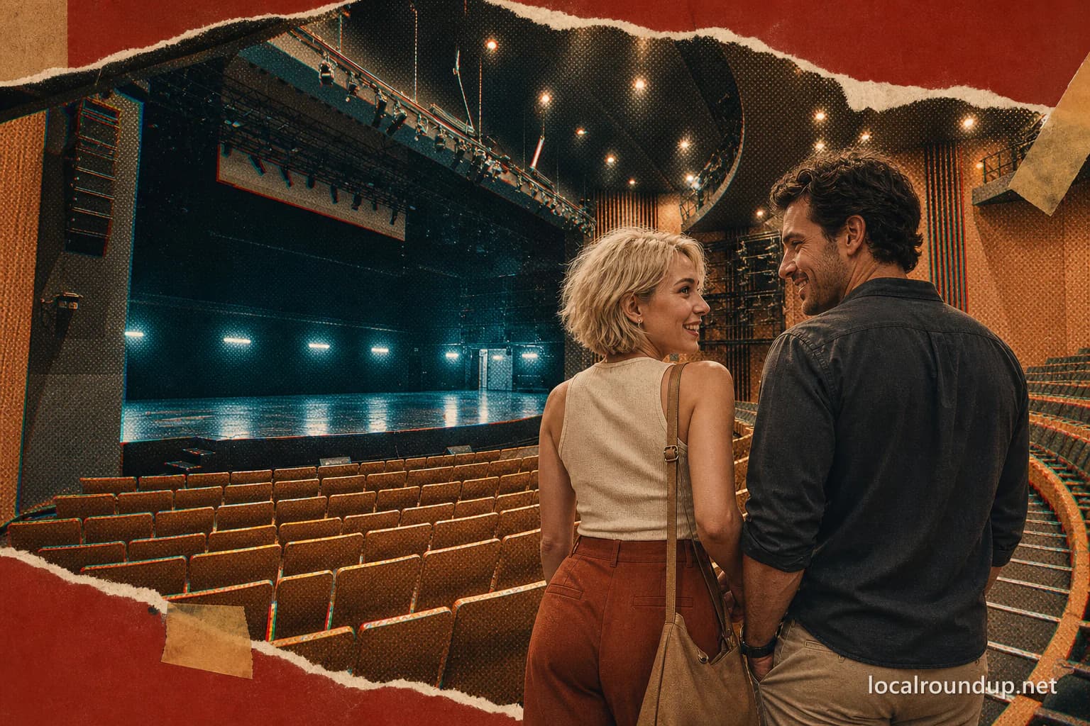 Two guests looking across an empty performance hall