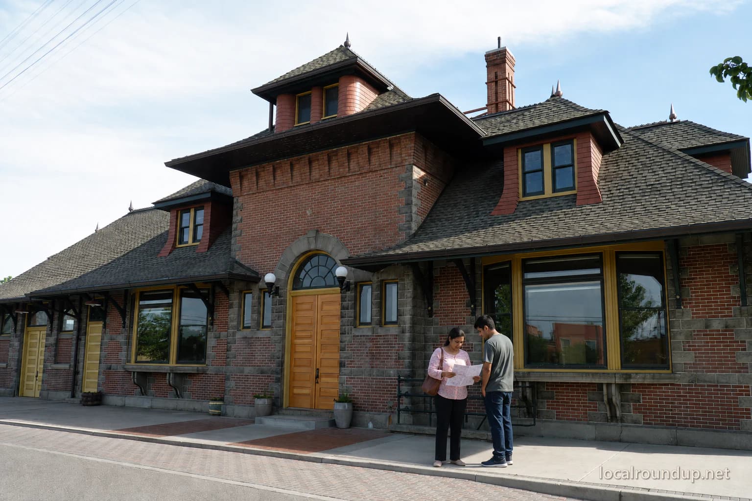 A mother and adult son studying the Weiser railroad depot facade
