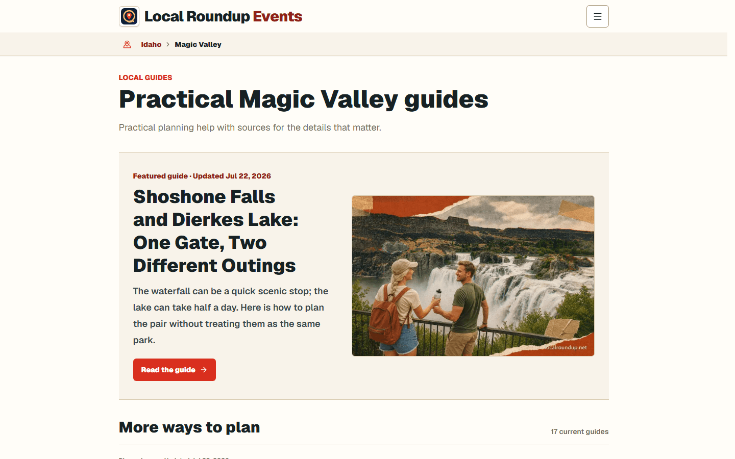 Local Roundup guides page with a featured Magic Valley weekend guide