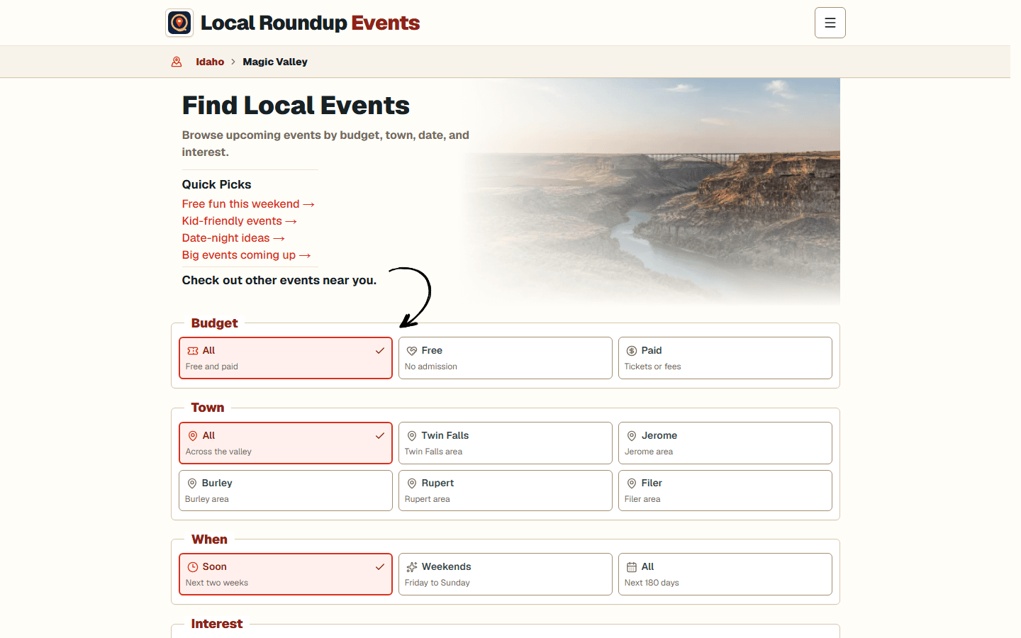 Local Roundup homepage with upcoming event highlights and event filters