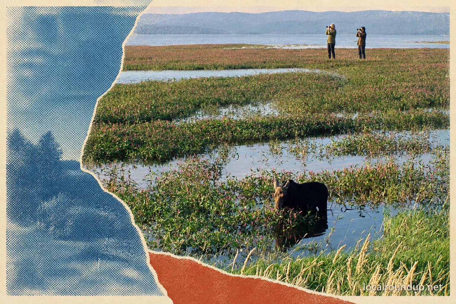 Two wildlife watchers observing a moose from a distance at Blackfoot Reservoir