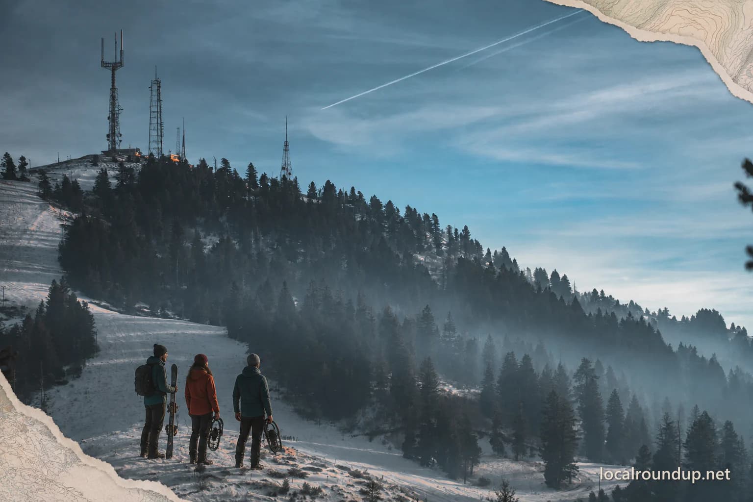 Winter visitors checking gear against a snowy Bogus Basin ridge