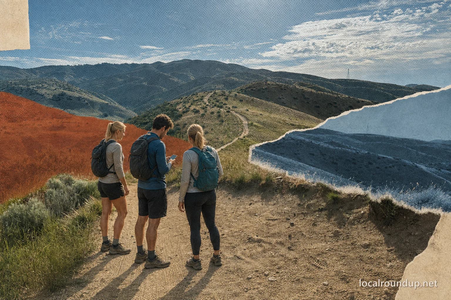 Three hikers checking a route on an established Boise Foothills trail