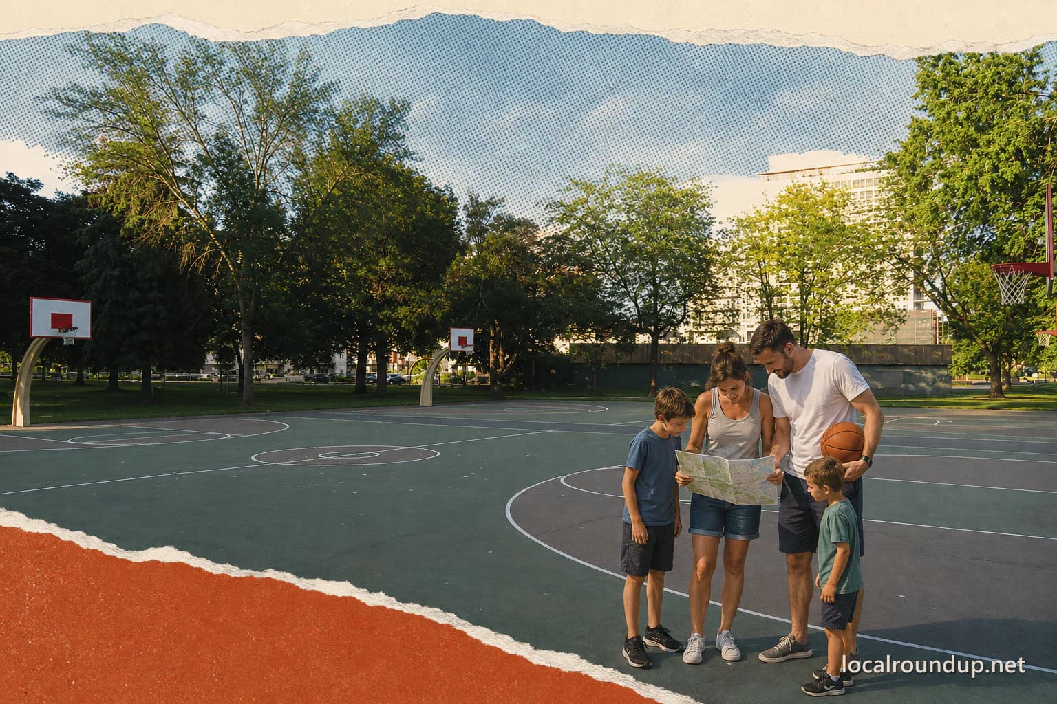 A family compares a park map beside the basketball courts at Coeur d'Alene City Park