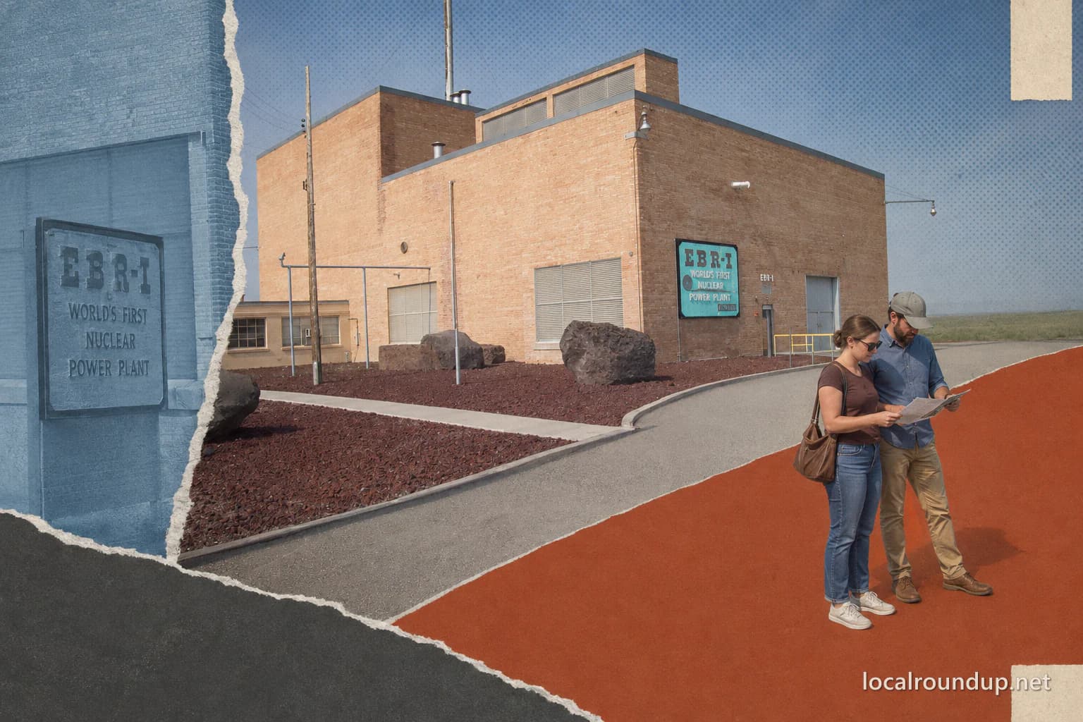 Two visitors reading a brochure outside the Experimental Breeder Reactor-I museum