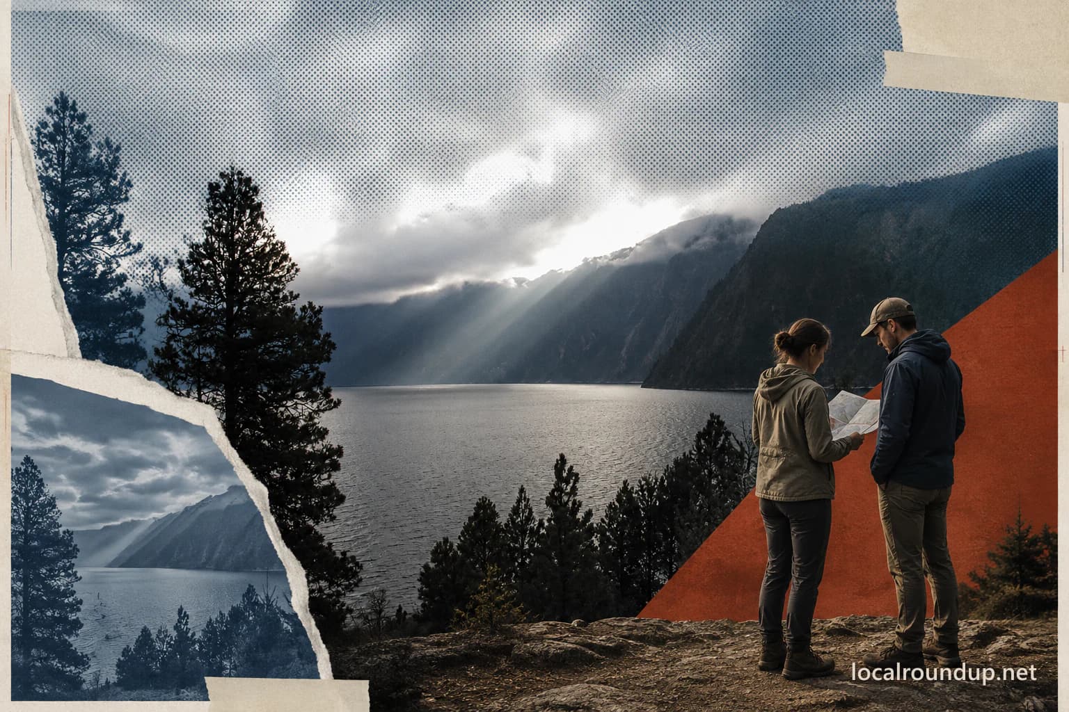 Two visitors use a map above Lake Pend Oreille at Farragut State Park