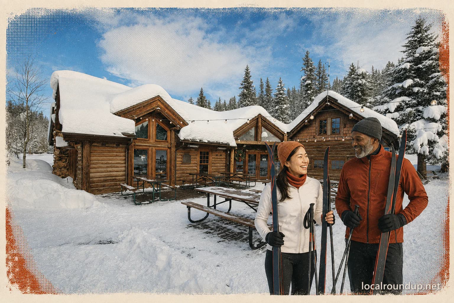 Two Nordic skiers outside the snow-covered Galena Lodge in an editorial collage