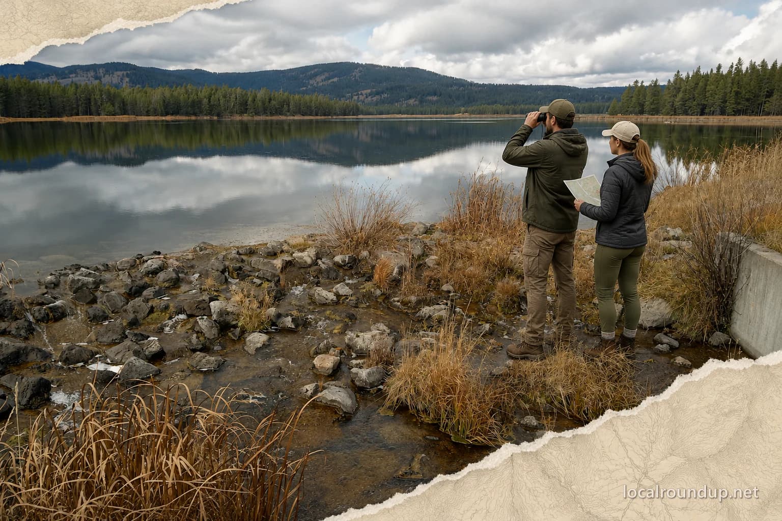 Two visitors using binoculars and a map beside Henrys Fork in Harriman State Park