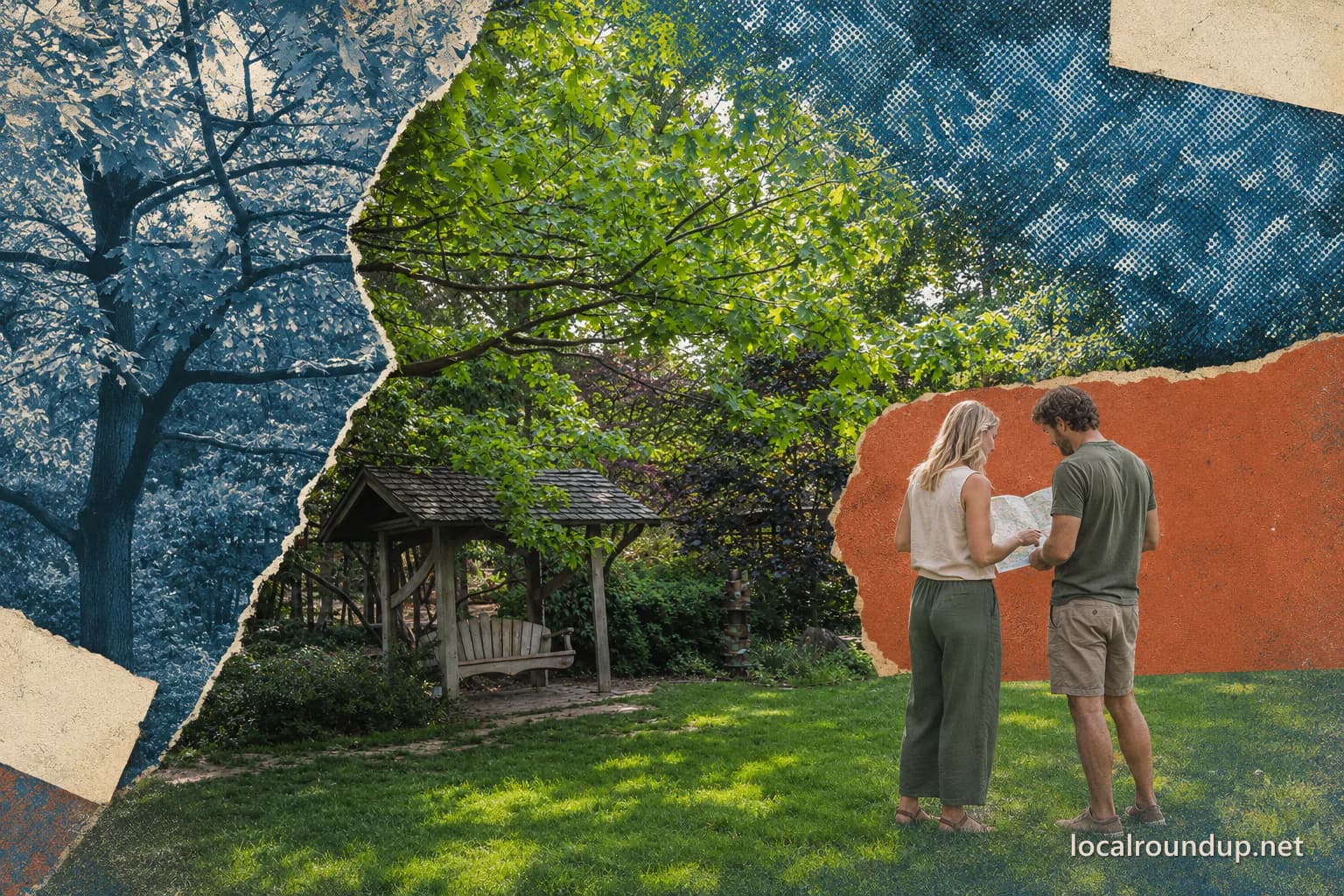 Two visitors reading a map on the lawn at the Idaho Botanical Garden