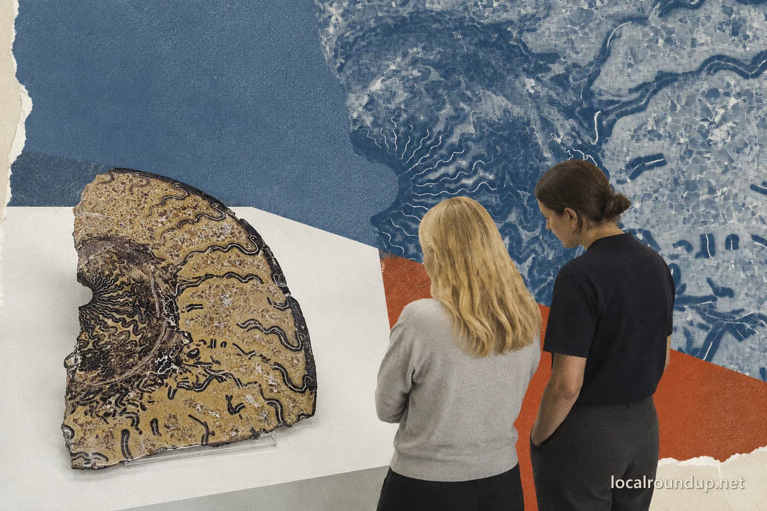 Two visitors studying an ammonite at the Idaho Museum of Natural History