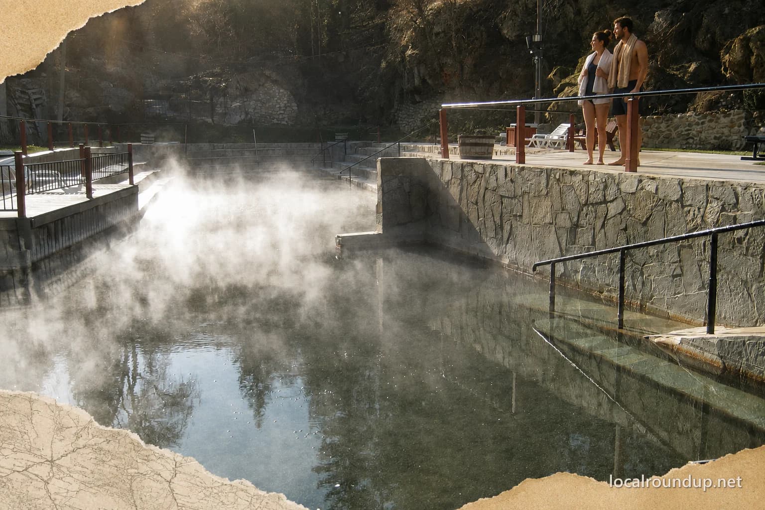 Two adult visitors beside the outdoor hot pools at Lava Hot Springs