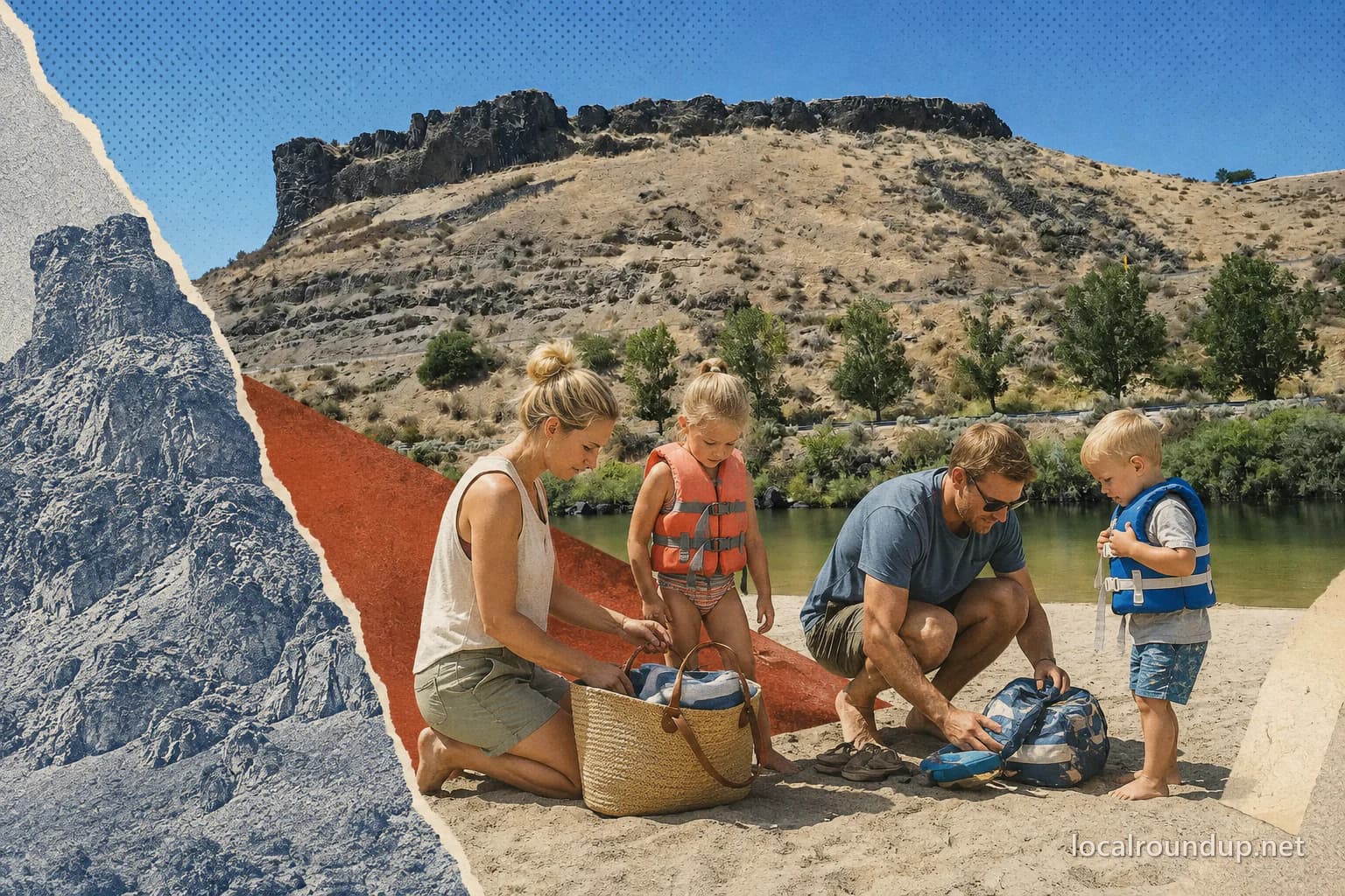 A family in life jackets preparing swim gear beside the water at Lucky Peak