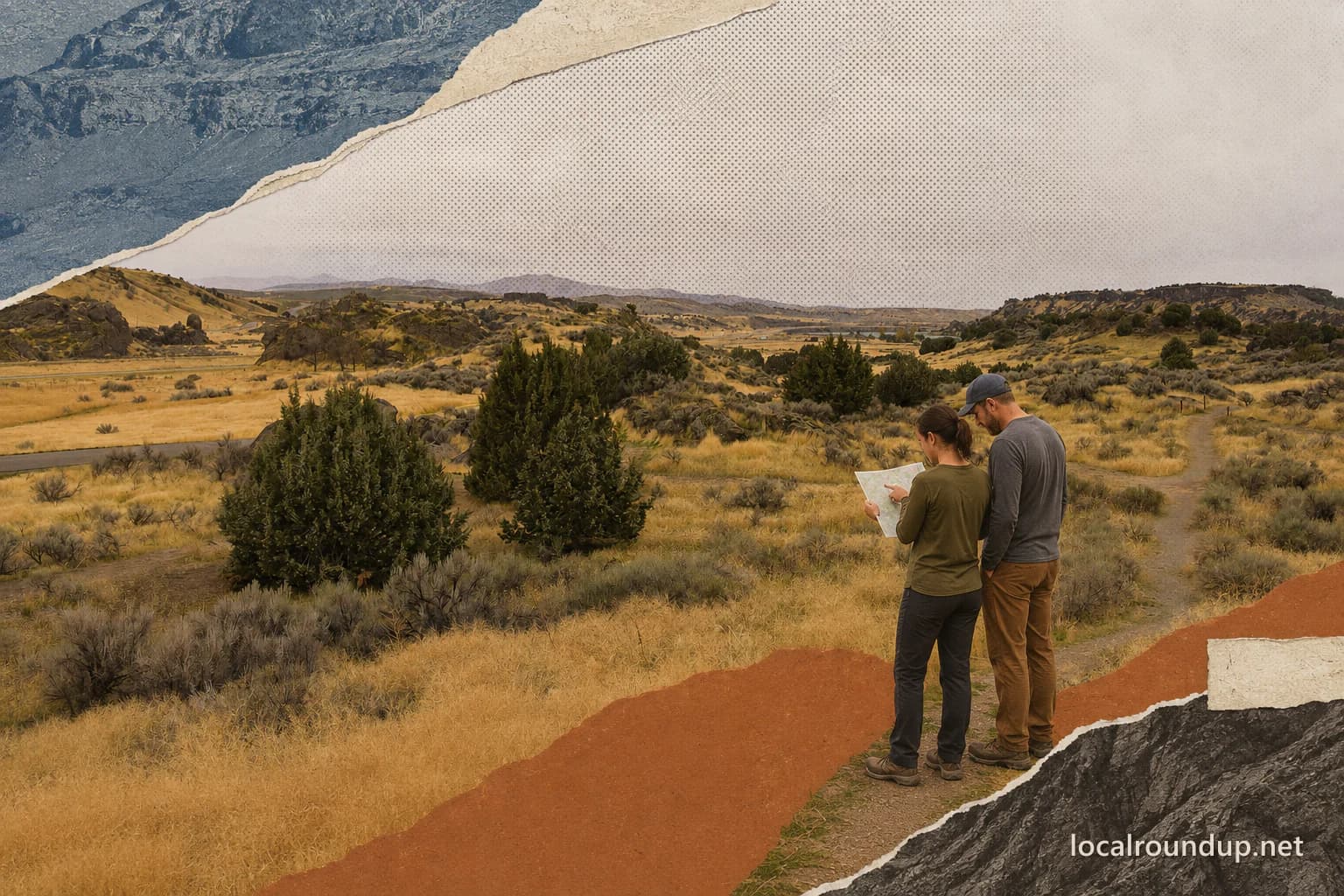 Two visitors reading a park map on a trail at Massacre Rocks State Park