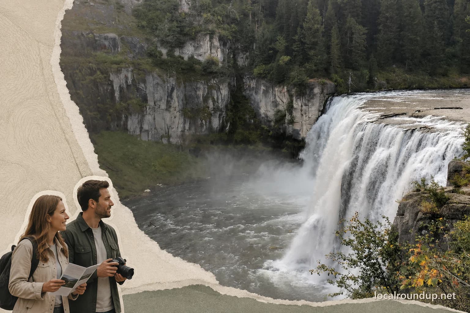 Two visitors consulting a map beside a view of Upper Mesa Falls