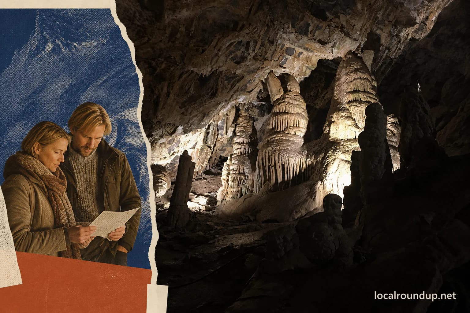 Two visitors reviewing a plan beside a view of formations inside Minnetonka Cave