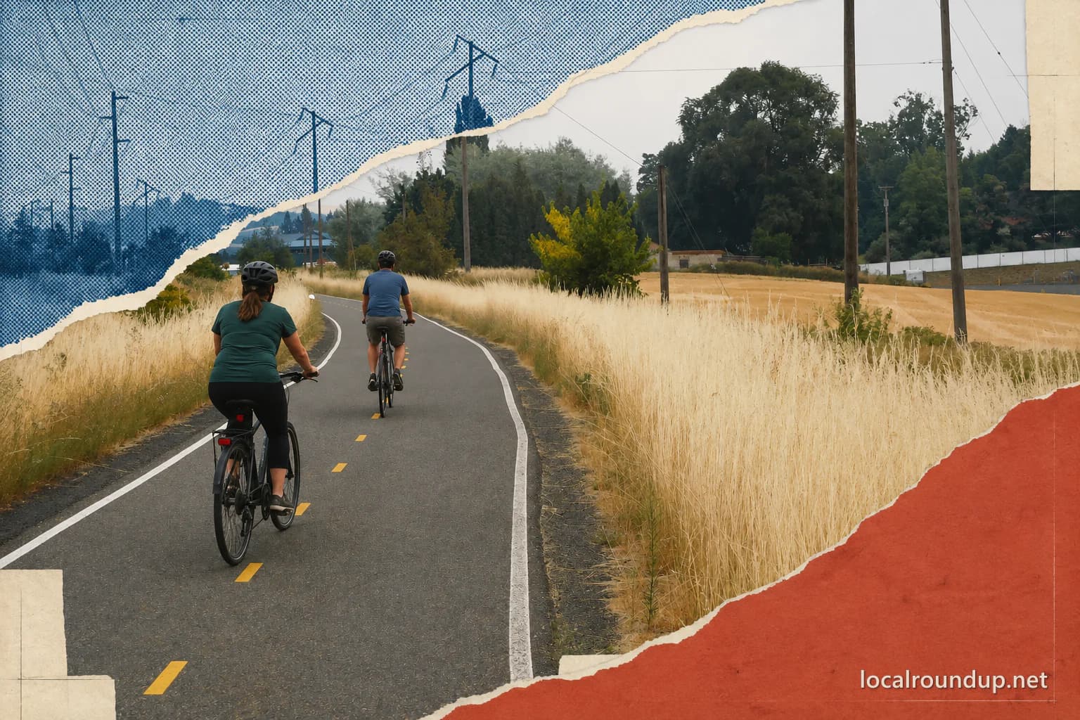 Two helmeted cyclists ride the paved Paradise and Latah Trail near Moscow