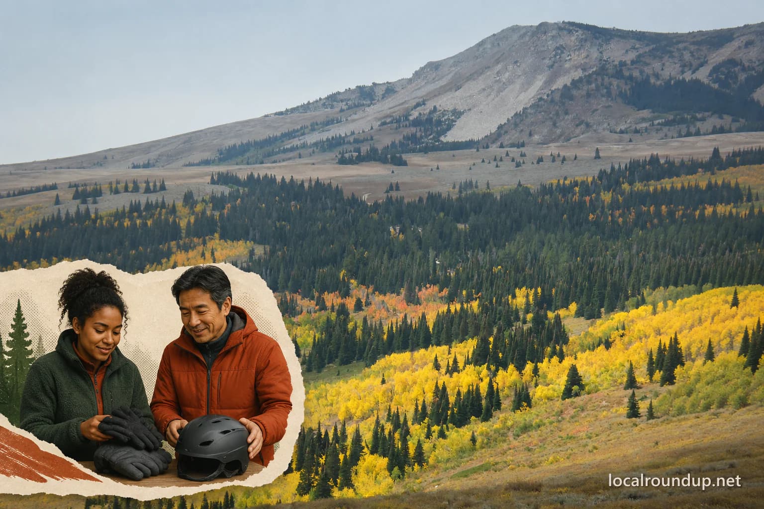 An autumn view of Pomerelle Mountain with two adults preparing unbranded winter gear in a planning inset