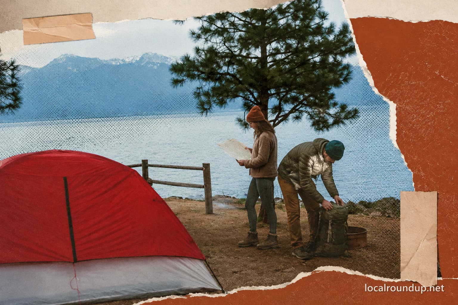 Two campers checking a site map beside a tent at Lake Cascade