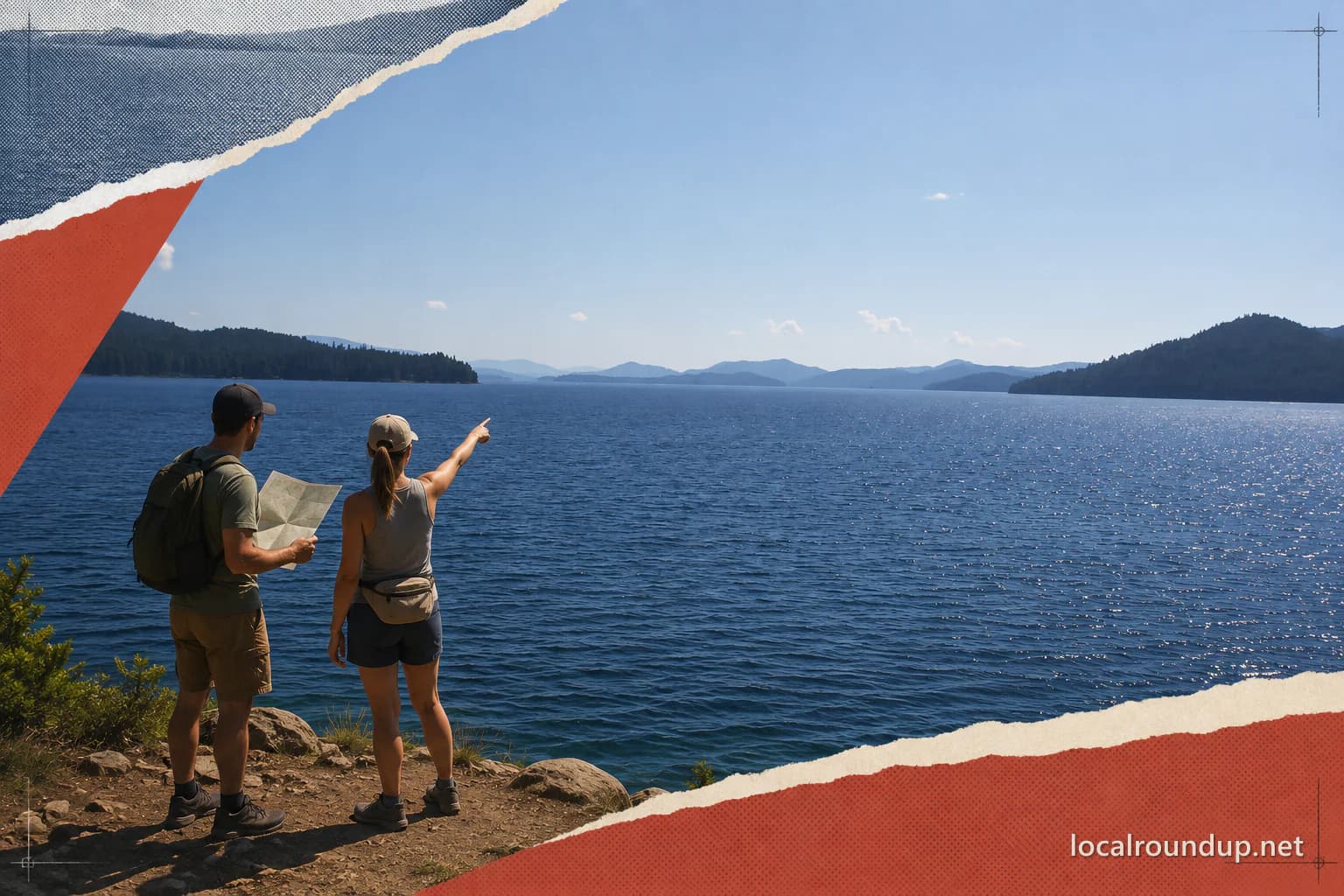 Two visitors compare a map with the shoreline and mountains at Priest Lake